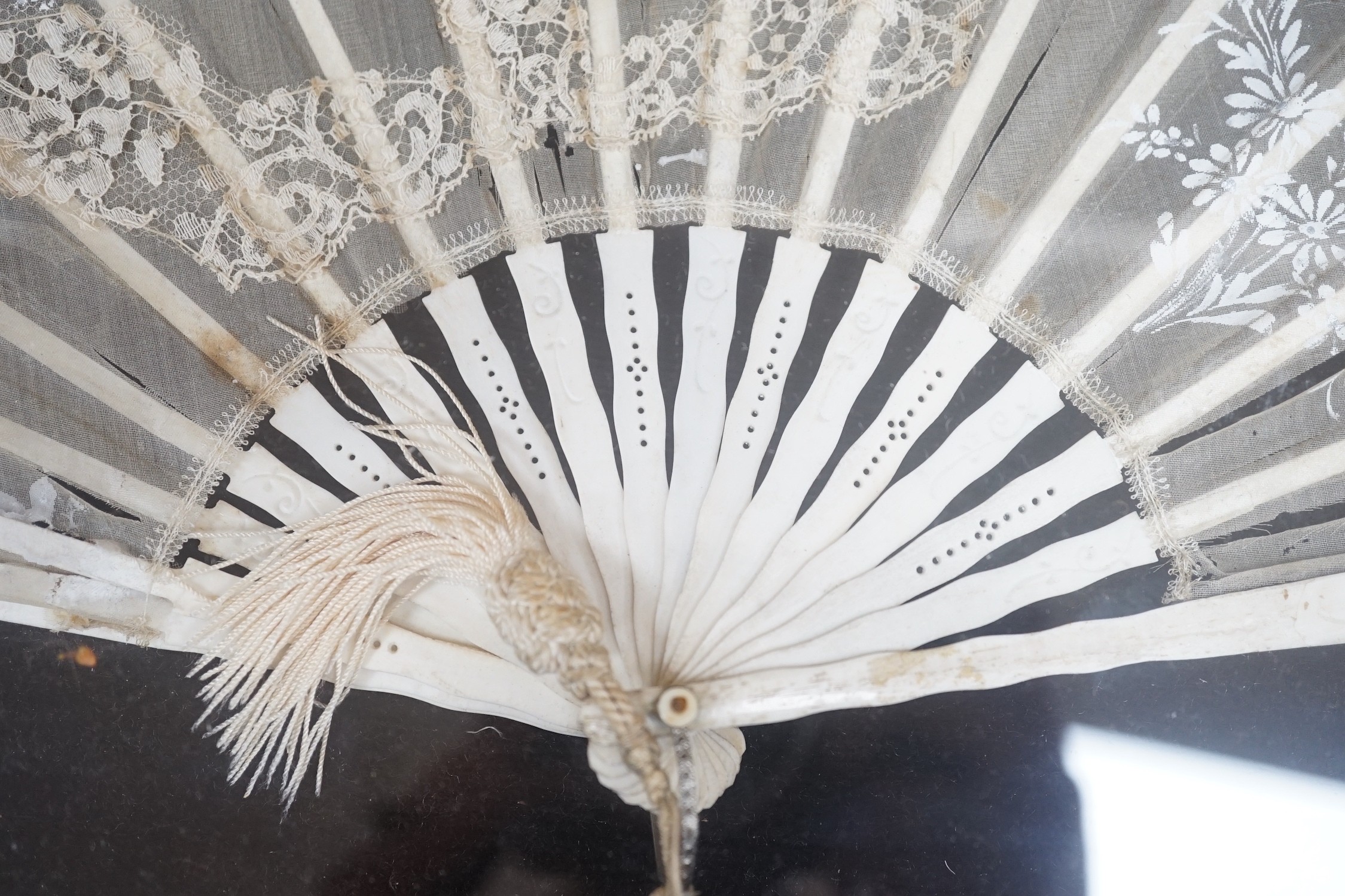 A pair of 19th century cased bone and painted lace fans, 40cm long excl frame